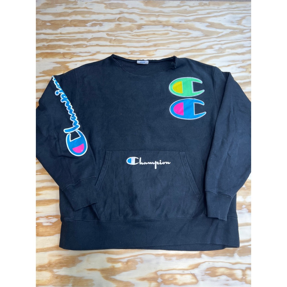 Champion Reverse Weave Black Sweatshirt Neon Logo Raw Neck Distressed XL